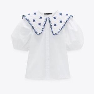 Zara white blouse with blue embroidered collar, perfect for spring